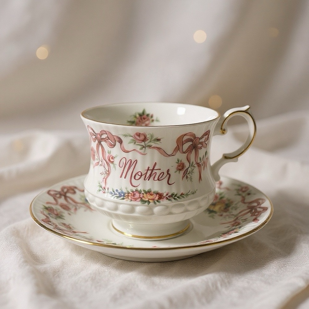 🌸 Queen’s Rosina Bone China Teacup & Saucer – “Mother” Floral Design